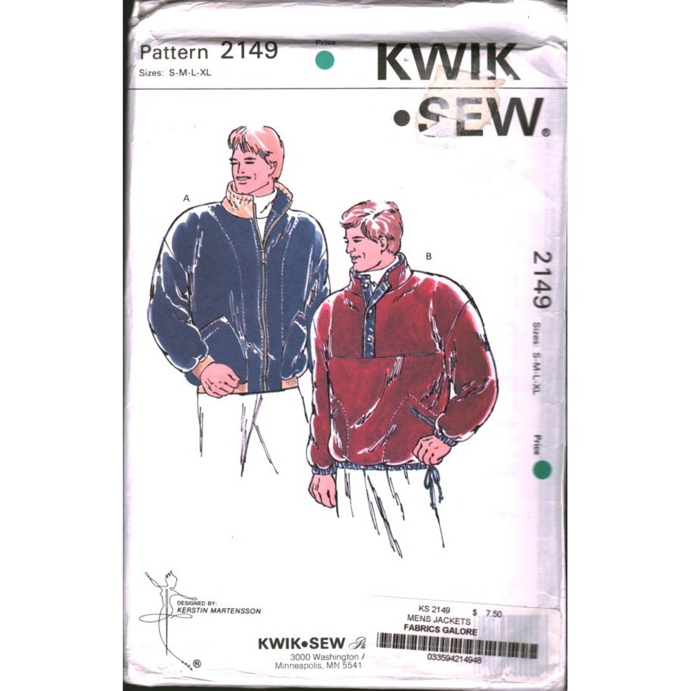 Kwik Sew 2149 Mens Jacket Sewing Pattern Fleece Zip Pullover Size S M L XL